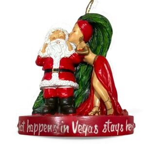Las Vegas Santa Claus What Happens in Vegas Stays Here Showgirl Kiss Ornament